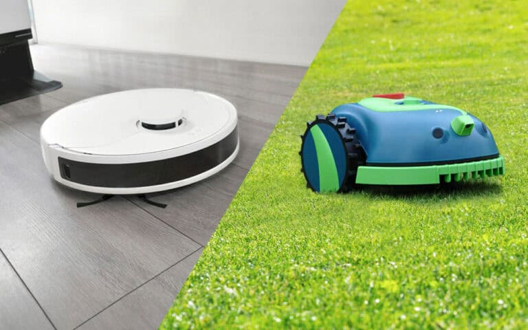 A composite image showcasing HomeBot Ireland's latest innovations: on the left, a white robot vacuum and mop gliding over a wooden floor indoors; on the right, a green robot lawn mower efficiently trimming grass outdoors.