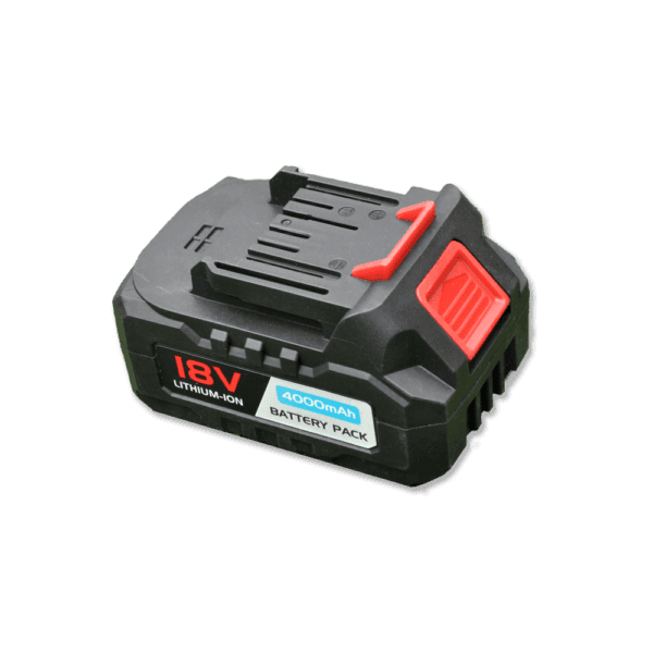 A black and red battery labeled "18V Lithium-Ion 4000mAh" positioned on a black background. The battery features a slide-on connector, a red release button, and is compatible with any power lead for versatile charging options.