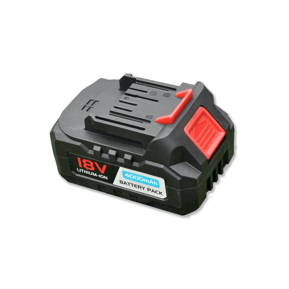 A black and red battery labeled "18V Lithium-Ion 4000mAh" positioned on a black background. The battery features a slide-on connector, a red release button, and is compatible with any power lead for versatile charging options.