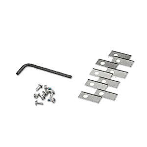 An assortment of hardware on a black surface, including an Allen wrench, several small screws and six spare blades with circular holes. The items are neatly arranged in separate groups.