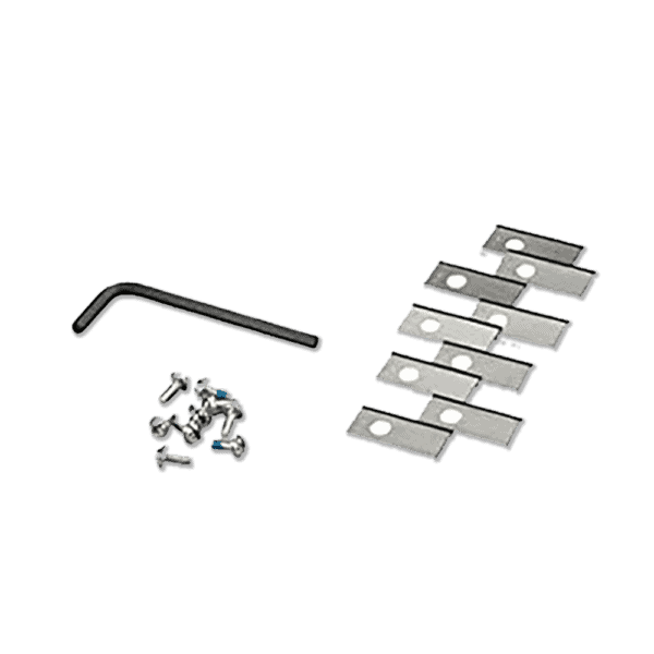 An assortment of hardware on a black surface, including an Allen wrench, several small screws and six spare blades with circular holes. The items are neatly arranged in separate groups.