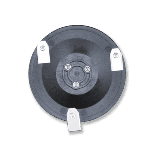 A circular, black, cutting disc with three equally spaced, silver metal blades attached around its circumference, each secured by screws.