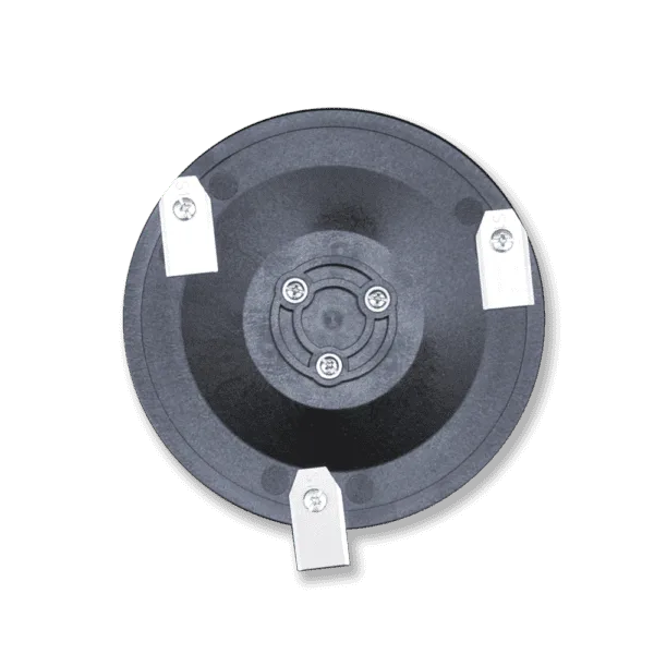 A circular, black, cutting disc with three equally spaced, silver metal blades attached around its circumference, each secured by screws.