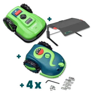 Image of a green Chomper robot lawn mower with a rain shelter, tool, and replacement blades. There is another robot lawn mower - Buddy, with a light and dark green accents, surrounded by additional parts including screws, an Allen key, and extra blades—a perfect bundle for your lawn care needs.