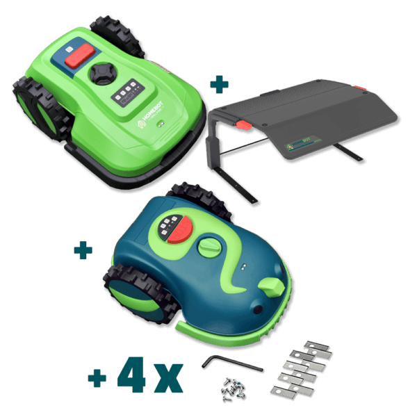 Image of a green Chomper robot lawn mower with a rain shelter, tool, and replacement blades. There is another robot lawn mower - Buddy, with a light and dark green accents, surrounded by additional parts including screws, an Allen key, and extra blades—a perfect bundle for your lawn care needs.