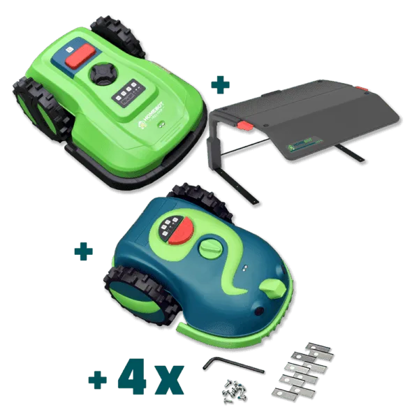 Image of a green Chomper robot lawn mower with a rain shelter, tool, and replacement blades. There is another robot lawn mower - Buddy, with a light and dark green accents, surrounded by additional parts including screws, an Allen key, and extra blades—a perfect bundle for your lawn care needs.